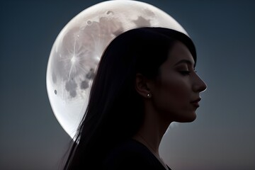 silhouette of a woman against the background of the moon
