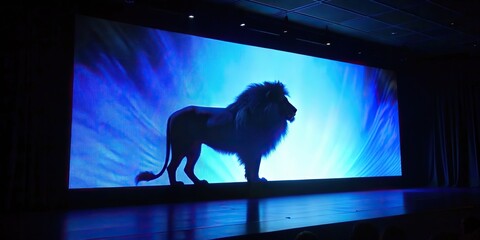 Lion silhouette in a big screen movie. - obrazy, fototapety, plakaty