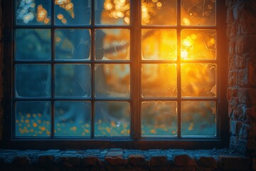 The warm glow of a sunset effuses through an old window, creating a tranquil vintage tableau