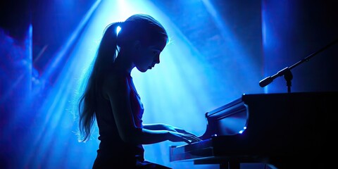 Girl playing piano in a blue light background.