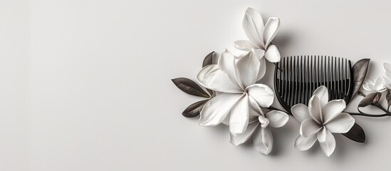 A black and white comb, beautifully adorned with delicate flowers, is showcased against a clean white background. The intricate design of the comb adds elegance and charm to this hair accessory.