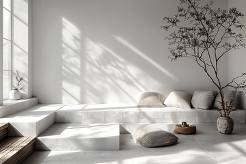Minimalist interior with white cushions, tree branch, and sunlight. Modern home decor and tranquil living space concept with copy space for design and print