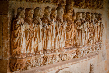 Gothic sculptural frieze, Christ in majesty surrounded by the Tetramorphs and flanked by the twelve...