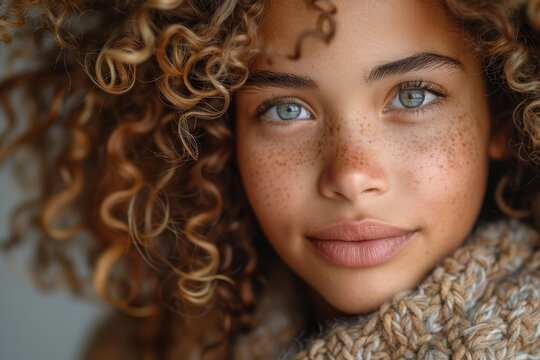 Portrait of a light-eyed young girl with freckles and curly hair looking at the camera