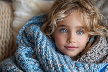 Young girl with captivating eyes wrapped warmly in a chunky blue knit blanket
