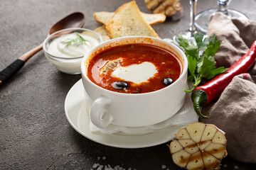 Red solyanka soup with different types of meat food - 746072282