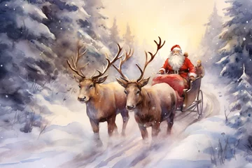 Fotobehang a painting of santa claus riding in a sleigh with reindeers © Eugen