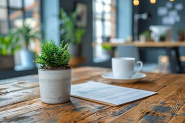 A small green potted plant decorates a wooden table in a stylish coffee shop setting with a cup of coffee