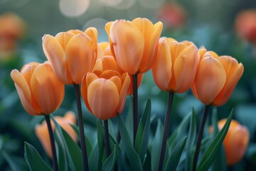 A group of bright orange tulips stands tall amid lush green foliage, signifying spring and natural beauty in a garden