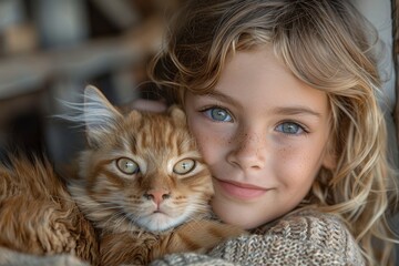 A smiling young girl with curly hair warmly embraces her orange tabby cat in a cozy indoor setting
