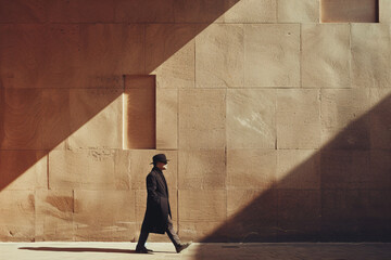 Person in a hat walking past a textured wall with geometric shadows. Dynamic urban street photography with a focus on form and light for design and print
