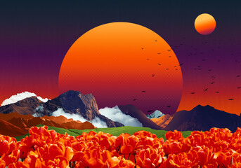 Surreal collage composition made from cut out pieces of vintage photo. Tulips floral field, green field, mountains and vivi colored sundown. Dadaism contemporary art. Fantasy universe.