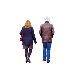 Couple adulte vu de dos, femme avec sac bordeaux et homme aux cheveux gris en veste en cuir,...