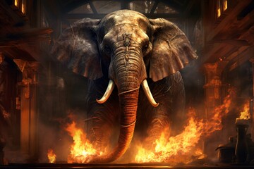 an elephant with tusks and fire - obrazy, fototapety, plakaty