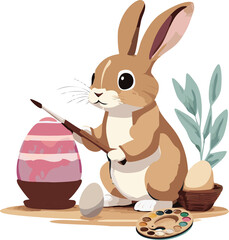Lapin qui peint un oeuf de pâques rose