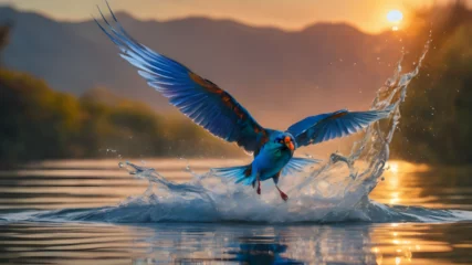 Foto op Canvas drop of water bounces above the water surface, transforming into a liquid shape of a colorful majestic bird opening its wings soaring gracefully above the water accompanied by a mesmerizing dance of s © Muhammad