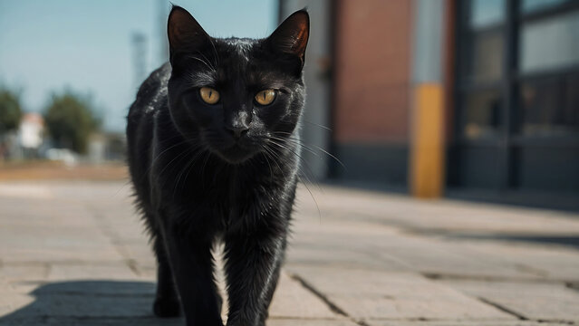 A close-up photo captures the intense gaze of a black cat with striking yellow eyes. The cat's fur is sleek and shiny, and the focus sharpens the details of its face and whiskers against a soft