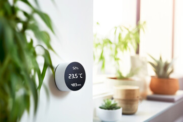 An advanced round thermostat climate control sensor on a wall provides a temperature, air quality and humidity reading. Smart home technology enhancing daily comfort and domestic living
