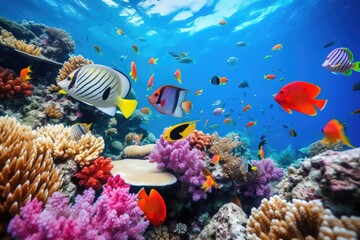 Fototapeta na wymiar Vibrant multitude of small fish swimming around colorful coral reef underwater