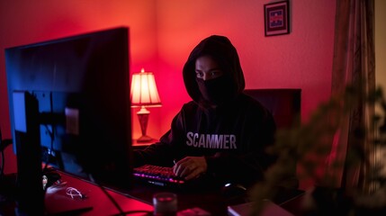 The scammer wears a hoodie in front of a computer generative ai  art