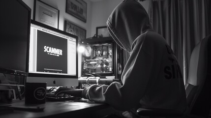 The scammer wears a hoodie in front of a computer generative ai  art