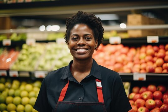 Portrait of a middle aged african american female grocery store worker