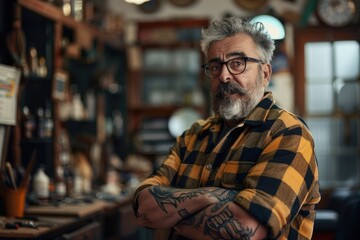 Fototapeta premium Portrait of a proud senior male barbershop owner