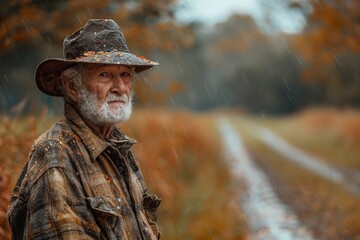Fototapeta premium A solitary cowboy stands in the rain, a contemplative figure against the backdrop of a wet rural path