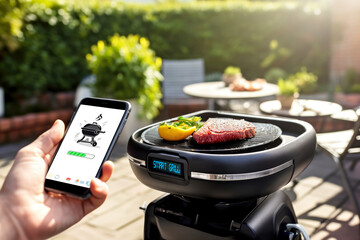 A hand holds a smartphone with app on screen display controlling a smart grill, cooking steak and vegetables in an idyllic sunny backyard setting - obrazy, fototapety, plakaty