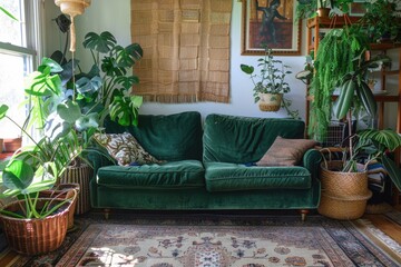 Green velvet sofa in a living room with indoor plants and bohemian rug - obrazy, fototapety, plakaty