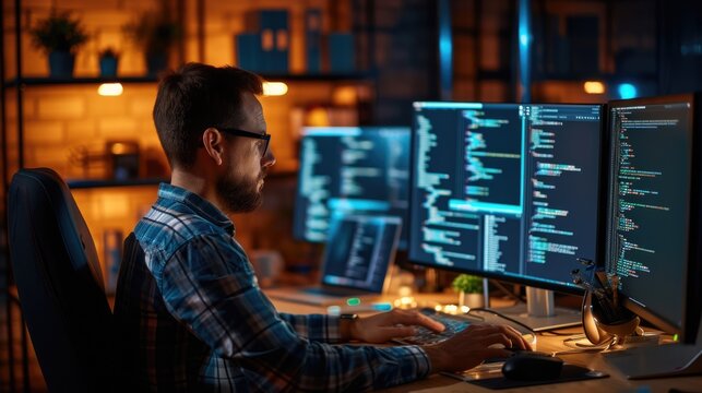 A software developer works on code late into the night, illuminated by the glow of multiple computer screens in a modern office. AIG41