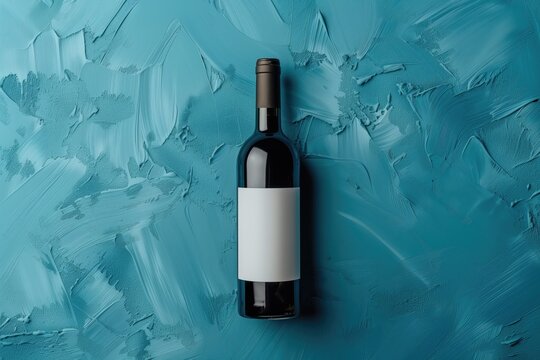 A trendy, minimalist wine bottle with a bold, colorful sans serif typography label on a blue background.