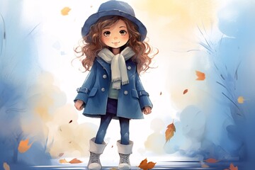 a cartoon of a girl wearing a blue coat and hat - Powered by Adobe