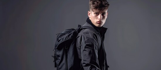 A studio photo featuring a trendy young man dressed in dark clothing with a backpack on his back. The man is standing with a confident posture, showcasing his stylish outfit and the backpack he is - obrazy, fototapety, plakaty