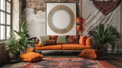 Bohemian-style living area with lush plants, wicker furniture, and a serene ambiance, illuminated by warm sunlight filtering through the window. - obrazy, fototapety, plakaty
