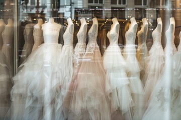 The dreamy texture and variety of styles among these wedding dresses offer a glimpse into the special occasion wear, fitting for retail therapy and wedding attire promotions, blurred - obrazy, fototapety, plakaty