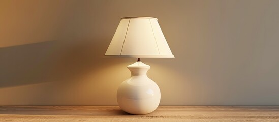 A white lamp is placed on top of a wooden table, creating a simple yet functional setup in a room or living space. The lamp is illuminating the immediate area with its soft light.