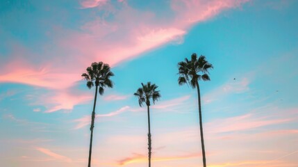 Fototapeta na wymiar Three palm trees stand against a pastel sunset sky, embodying tropical scenery, vacation, and serene landscapes.