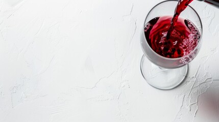 Red wine cascading into a glass, forming bubbles and splashes on a textured white surface, great for advertising and dining scenes.
