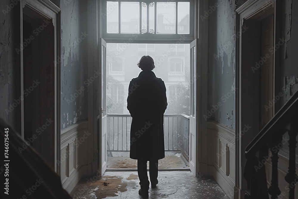 Poster Silhouette of a person standing in a corridor facing an open window with a view of urban buildings. Mysterious and introspective mood concept for design and print