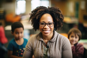 Portrait of a smiling female teacher in classroom