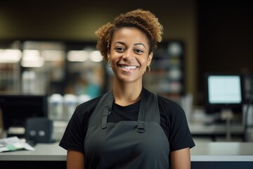 Portrait of a smiling young woman working at the cash register