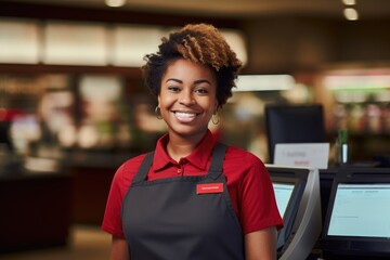 Portrait of a smiling young woman working at the cash register - obrazy, fototapety, plakaty