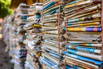 A group of newspapers arranged in a stack, showing various headlines and topics - obrazy, fototapety, plakaty