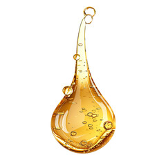 Droplet of golden liquid with bubbles isolated on white or transparent background