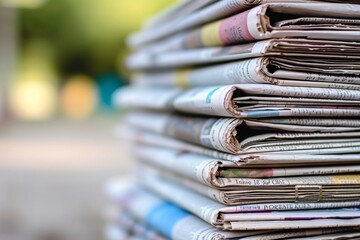A stack of newspapers arranged neatly on top of each other - obrazy, fototapety, plakaty