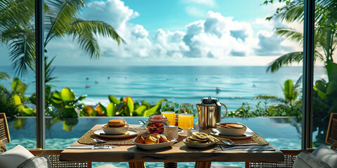 Luxury tourist resort breakfast in hotel room - obrazy, fototapety, plakaty