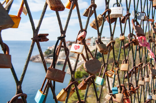 Fence with padlocks attached to it, declarations of love, love padlocks, signs of love forever, Dubrovnik, Croatia