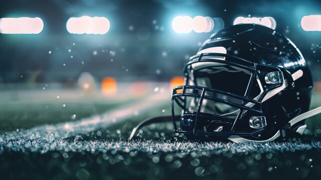black american football helmet Close-up photo Placed on the American football field in the night Cinematic light and shadows With space for entering text