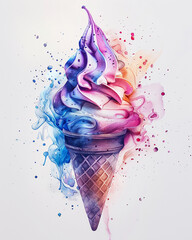 cono gelato dai colori arcobaleno in stile acquerello, sfondo bianco scontornabile